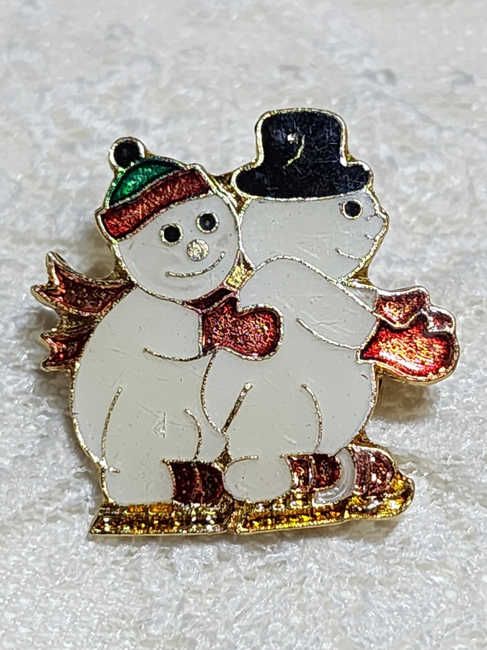 Holiday Snowmen Enamel Pin Brooch - White and Red Festive Design